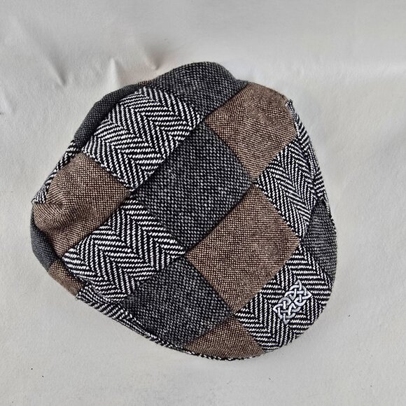 Patrick Francis Ireland Patchwork Flat Cap Small Brown Gray Wool Blend Tweed Hat - Picture 3 of 11